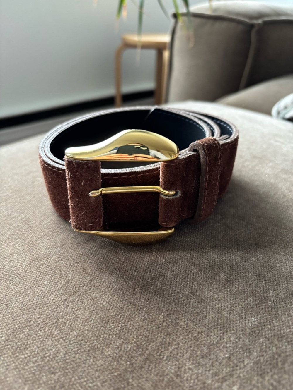 Brown Suede Women Belt with Gold Buckle